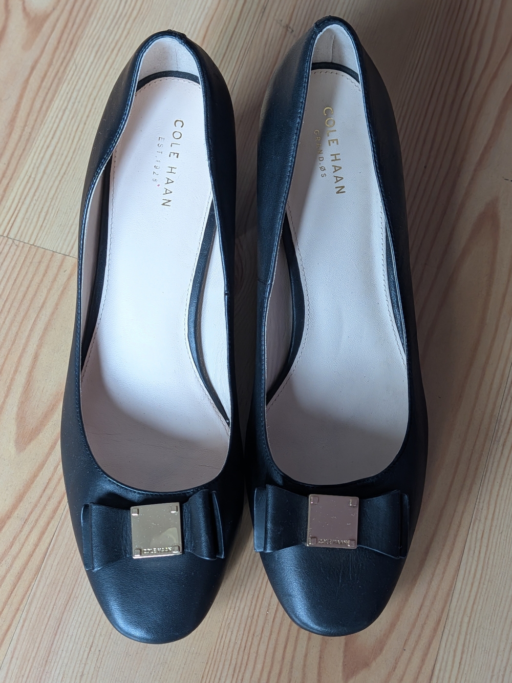 Cole Haan Black Leather Bow Ballet Flats with Gold Plaque